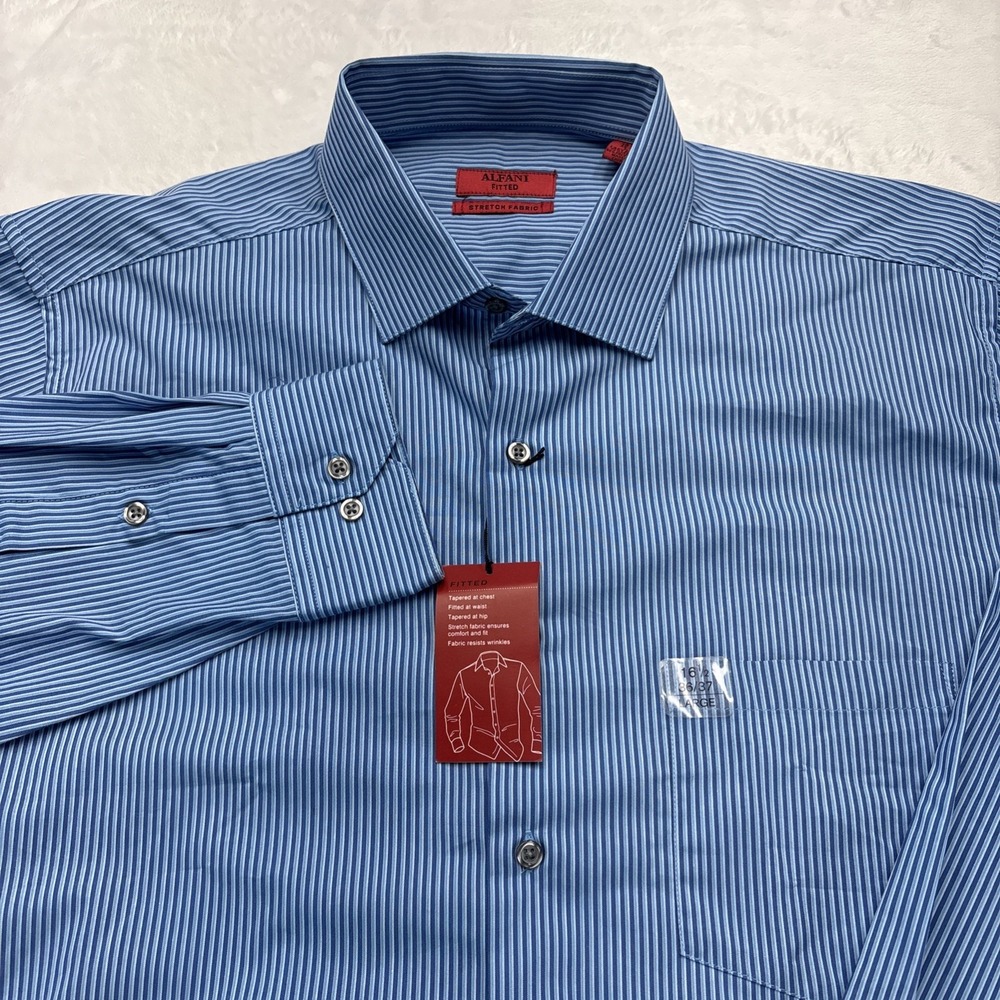 Alfani Fitted Stretch Fabric Dress Shirt Men L 16.5 36-37 Blue Stripe NWT Office